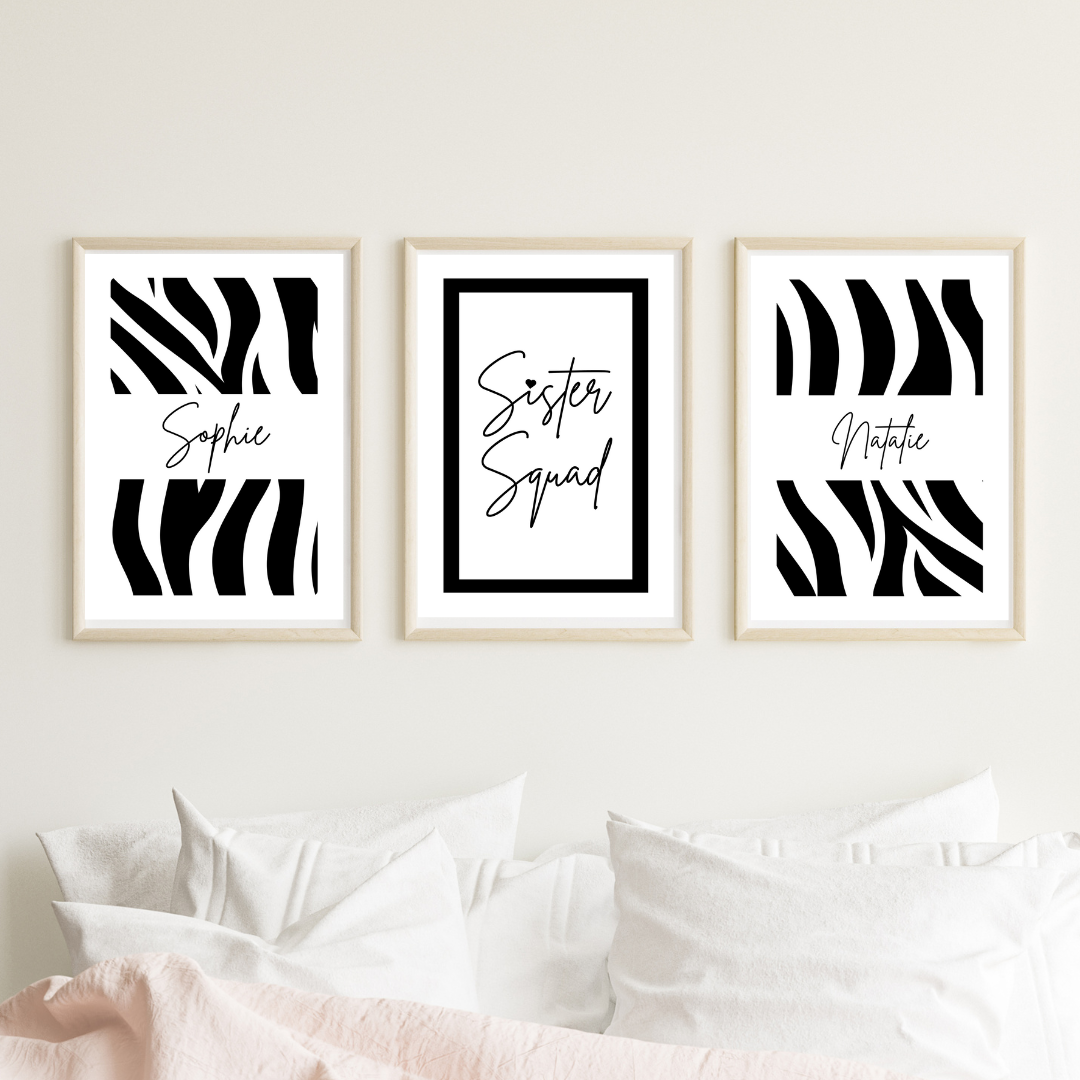 Set of 3 Sister Squad Zebra Pattern Print Personalised bedroom Print / Preppy