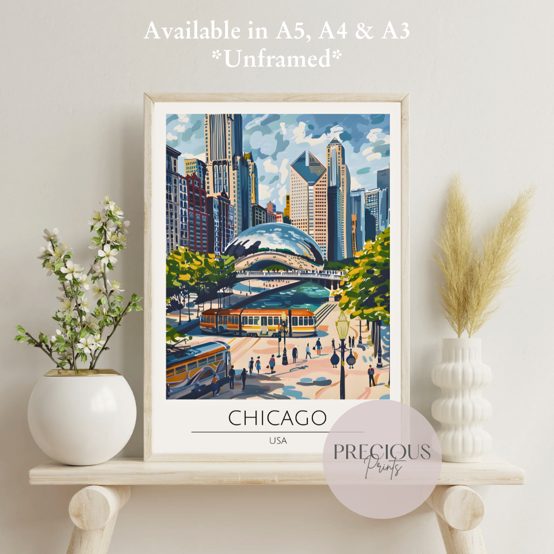 USA, Chicago Travel Print Poster / Vintage Wall Art / A5 A4 A3