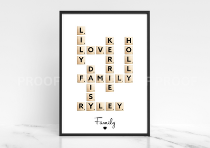 Personalised Scrabble Art Family Print Grandchildren Print Mothers Day A4 A3 A5