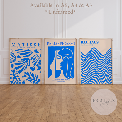 Set of 3 Blue Bauhaus Matisse Picasso Prints A5 A4 A3 Wall Art Gallery Decor