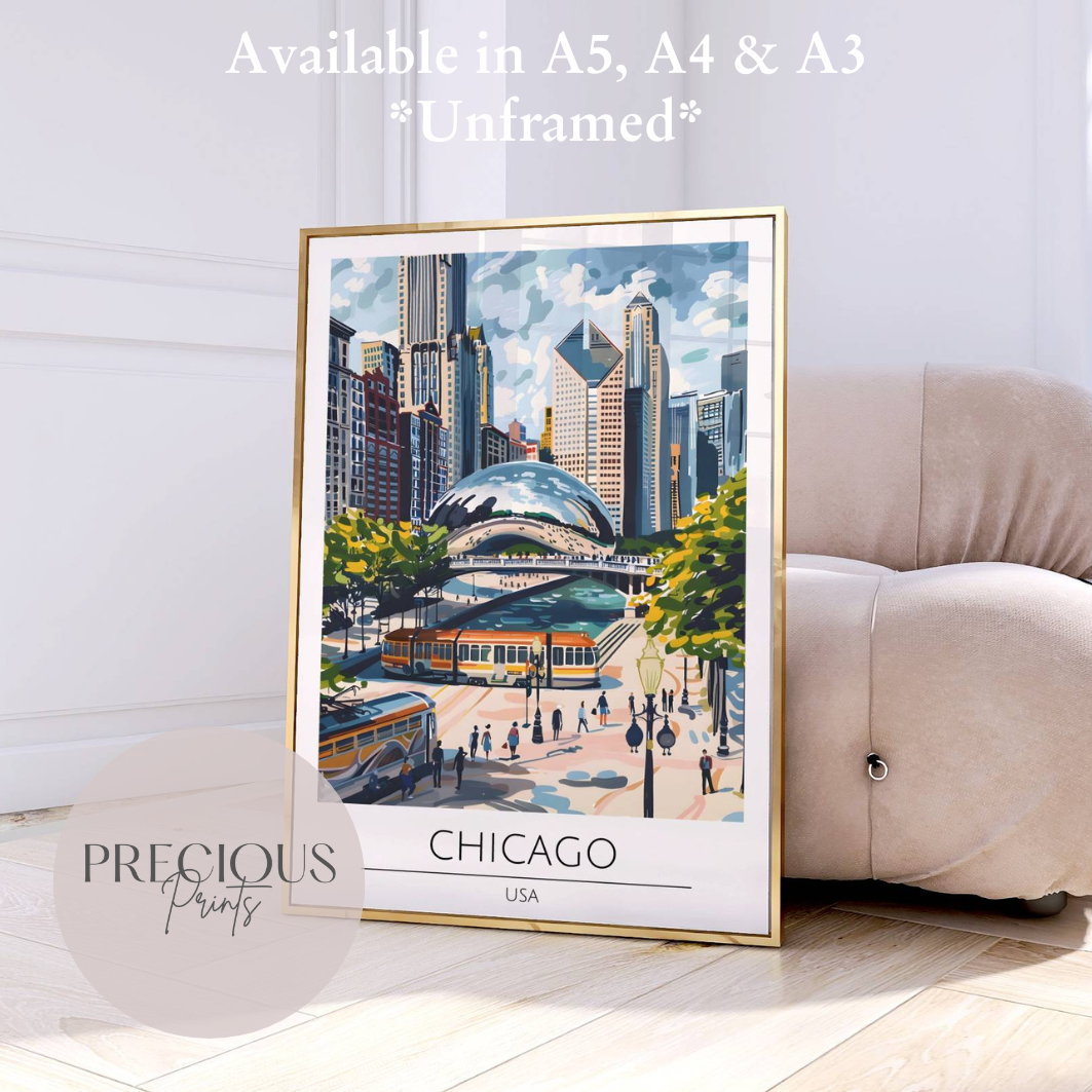 USA, Chicago Travel Print Poster / Vintage Wall Art / A5 A4 A3
