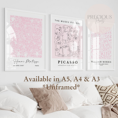 Set of 3 Pink Picasso / Matisse / William Morris Prints Art Gallery Decor