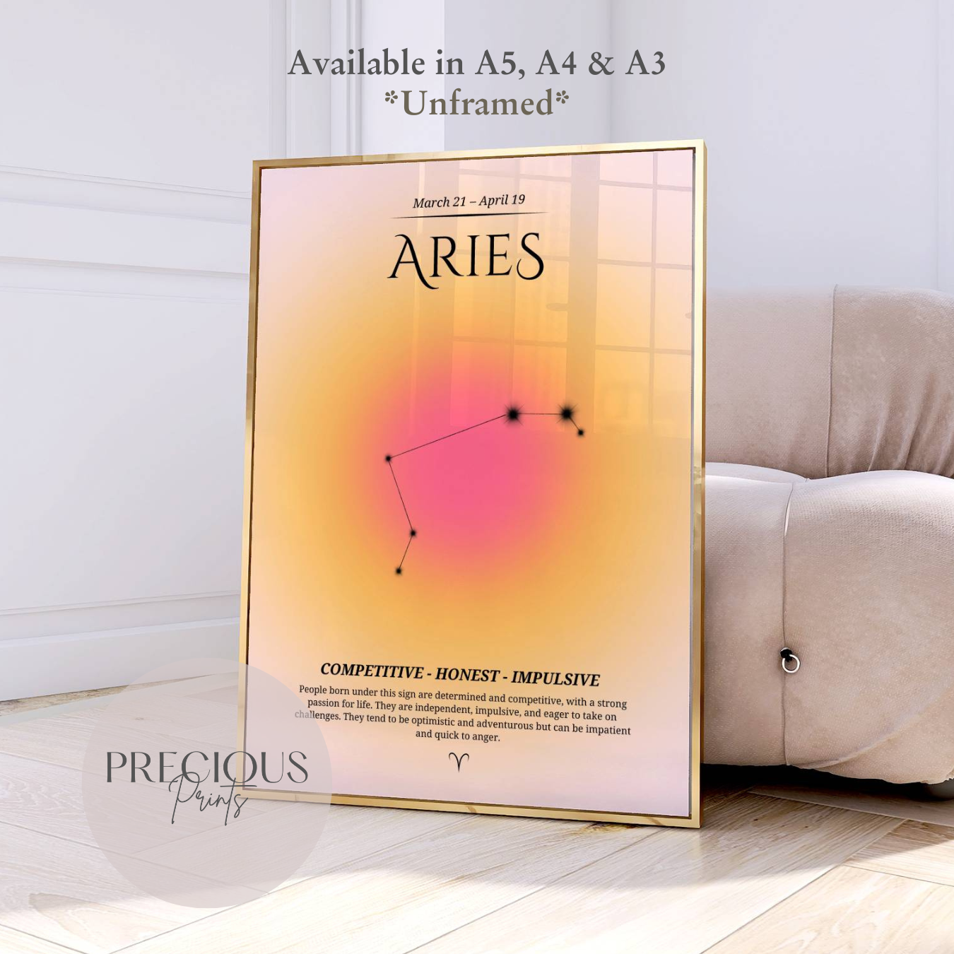 Aries Zodiac Print / Preppy Trendy Wall Art Poster / A5 A4 A3 Unframed