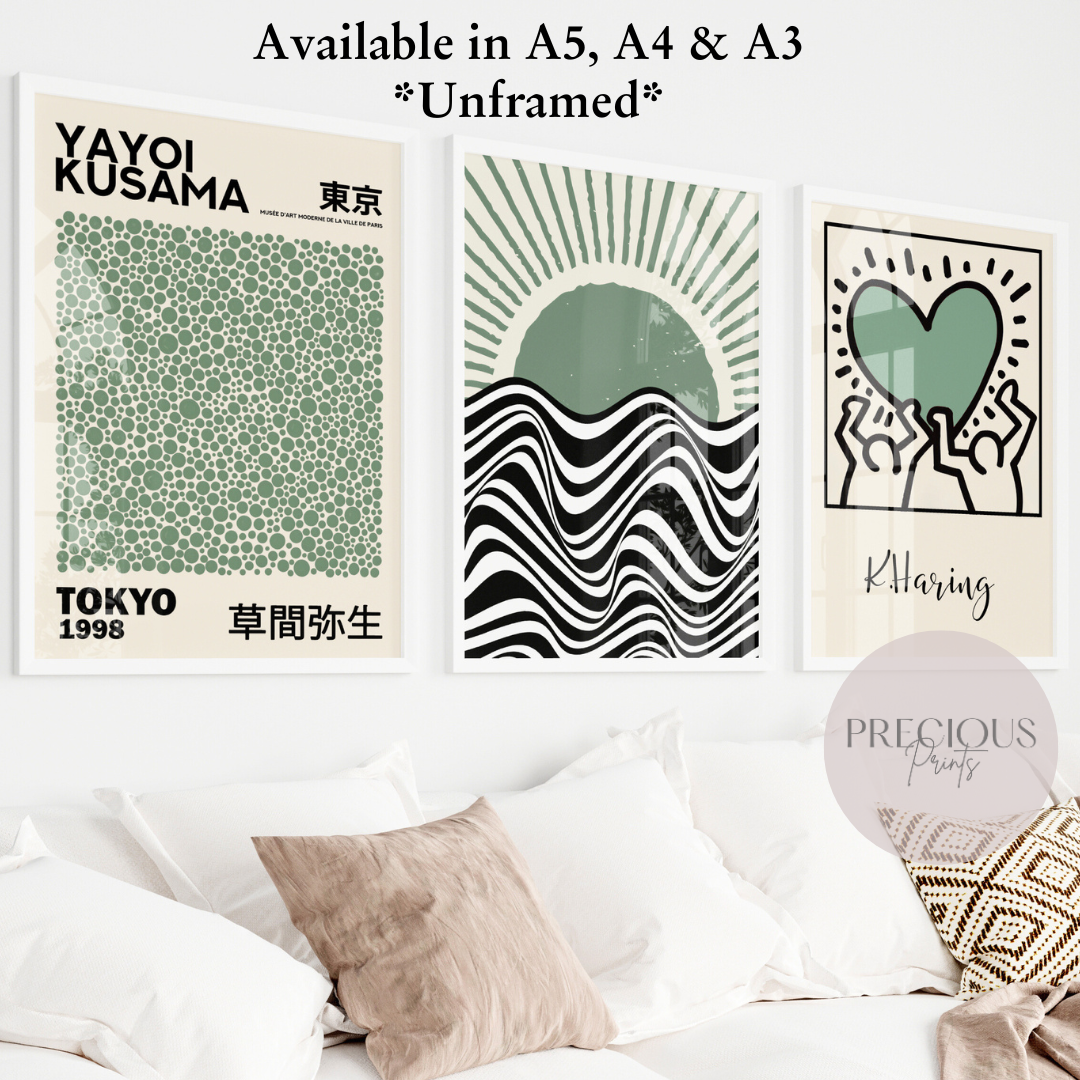 Set of 3  Kusama Bauhaus Prints A5 A4 A3 Art Exhibition Sage Green