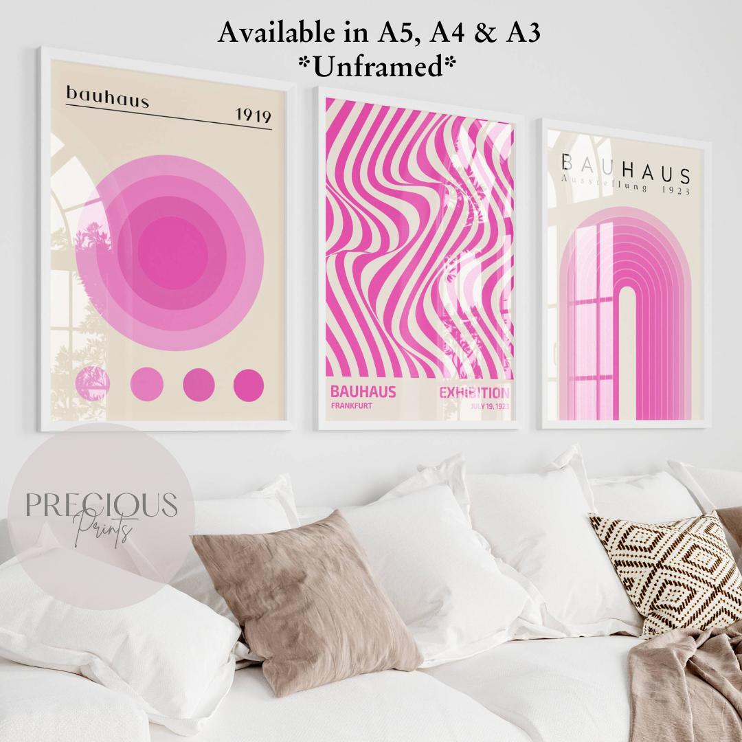 Set of 3 Bauhaus Prints A5 A4 A3 Art Exhibition Hot Pink Trendy Preppy Poster