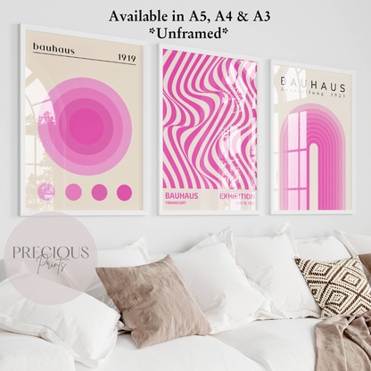 Set of 3 Bauhaus Prints A5 A4 A3 Art Exhibition Hot Pink Trendy Preppy Poster
