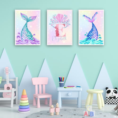 Set of 3 Girls Personalised Mermaid bedroom Nursery Print / A5 A4 A3