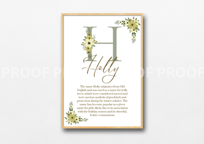 Personalised Print Birth Stats Meaning of name Elegant Floral A5 A4 A3