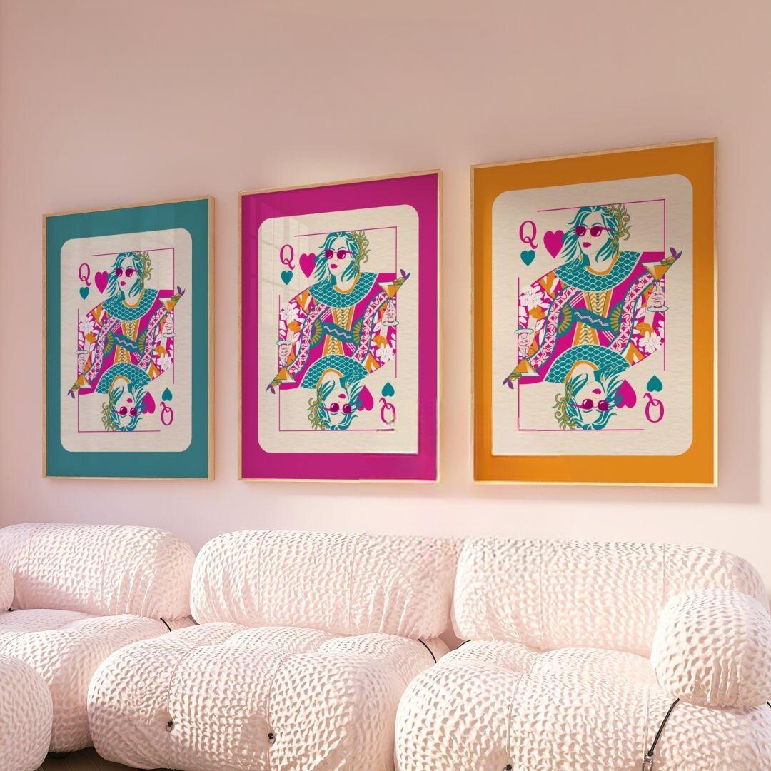 Pink Queen Of Hearts Cocktail Print | Colourful Playing Card Wall Art Poster