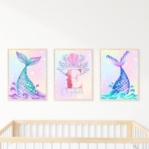 Set of 3 Girls Personalised Mermaid bedroom Nursery Print / A5 A4 A3