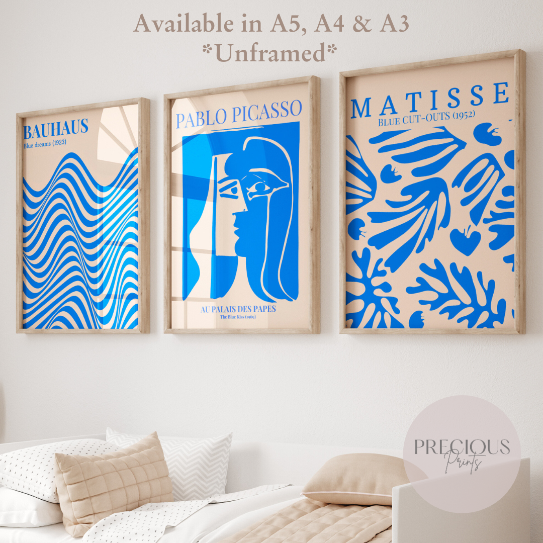 Set of 3 Blue Bauhaus Matisse Picasso Prints A5 A4 A3 Wall Art Gallery Decor
