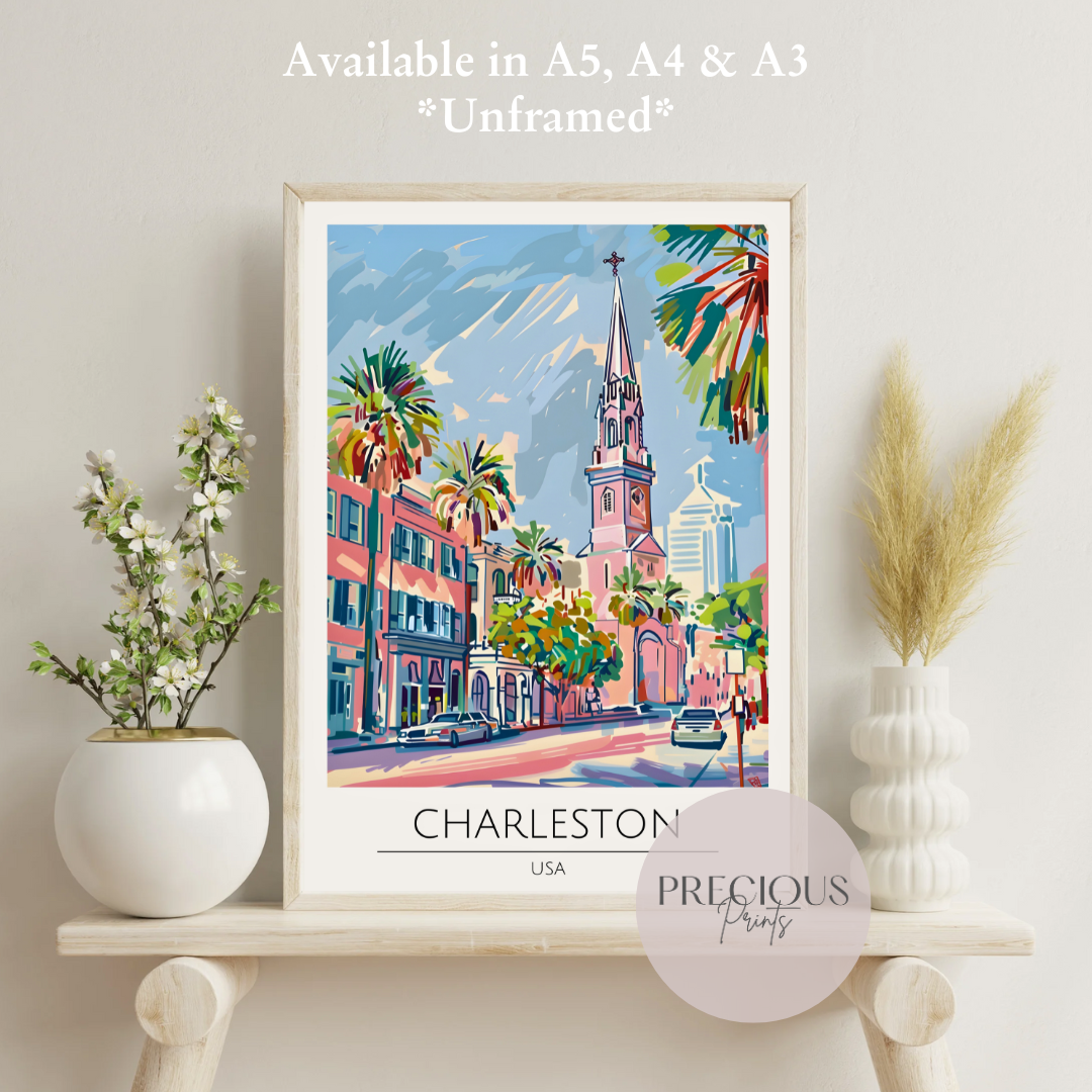 USA, Charleston Travel Print Poster / Vintage Wall Art / A5 A4 A3 / Unframed
