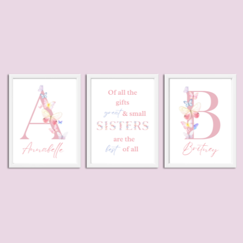 Set of 3 Sisters Personalised Butterflies Child bedroom Nursery Print / A5 A4 A3