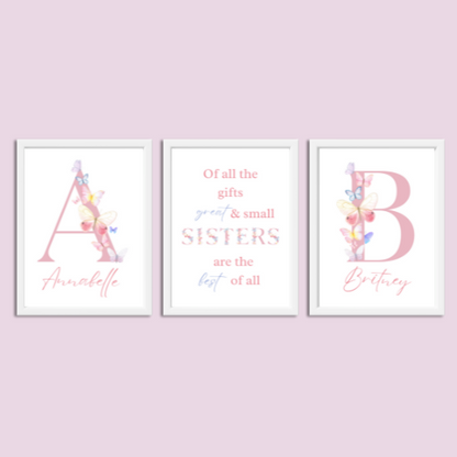 Set of 3 Sisters Personalised Butterflies Child bedroom Nursery Print / A5 A4 A3