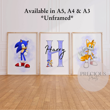 Set of 3 Childrens Personalised Sonic and Tails Bedroom Print / A5 A4 A3