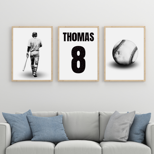 Set of 3 Personalised Baseball Prints Paint Splash Kids Bedroom Prints A5 A4 A3