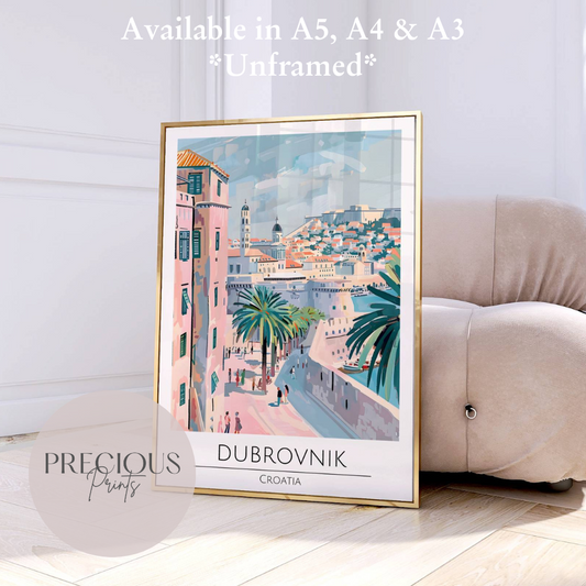 Croatia, Dubrovnik Travel Print Poster / Vintage Wall Art / A5 A4 A3