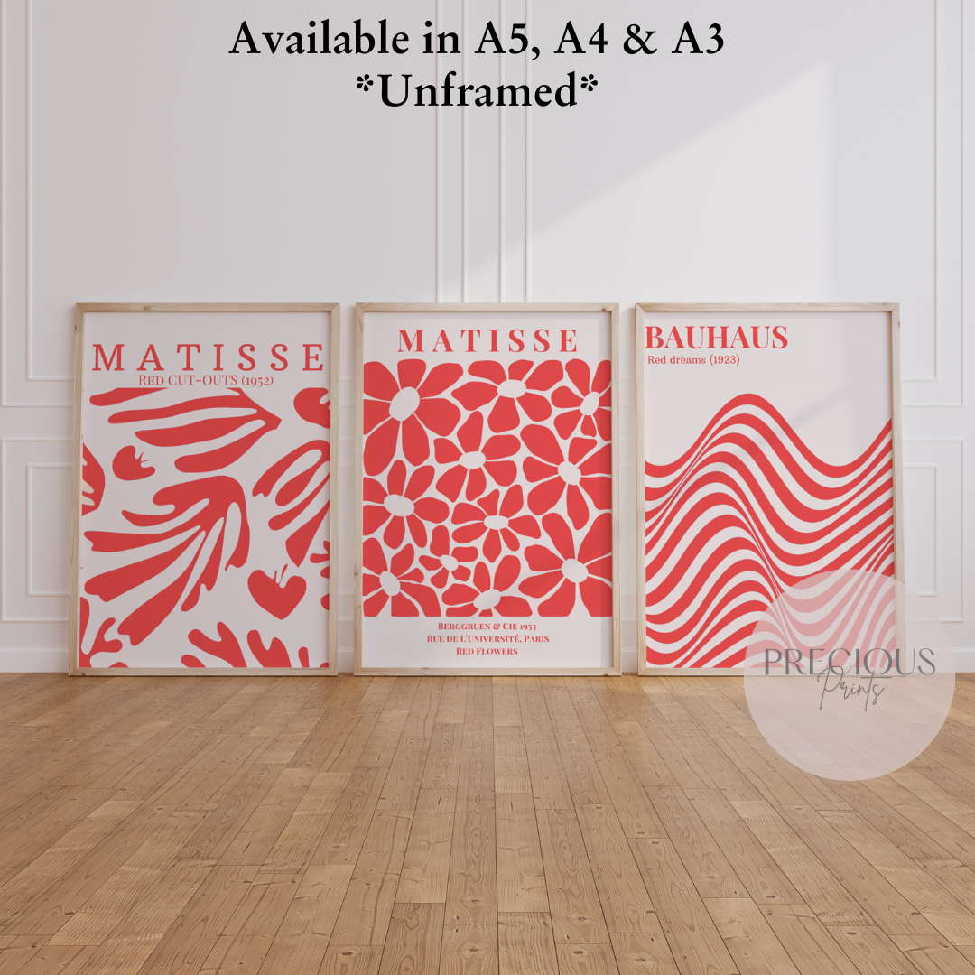 Set of 3 Red Bauhaus Matisse Prints A5 A4 A3 Art Exhibition Art Prints