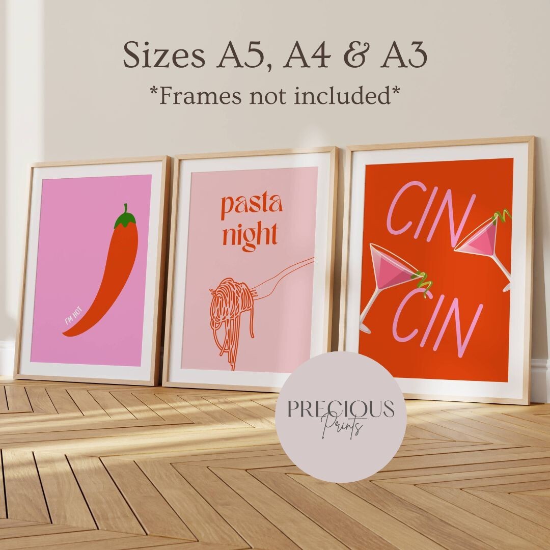 Set of 3 Cin cin Pasta Night Kitchen Bar Trendy Art Modern Print Preppy