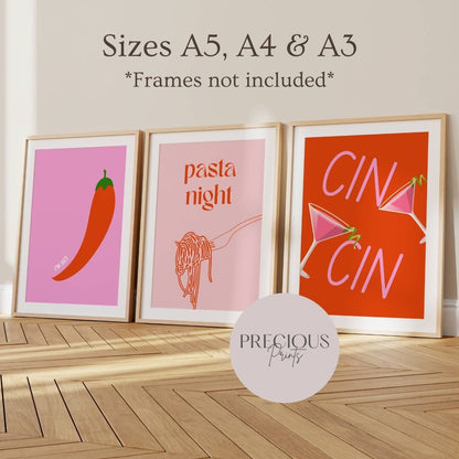 Set of 3 Cin cin Pasta Night Kitchen Bar Trendy Art Modern Print Preppy