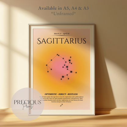 Sagittarius Zodiac Print / Preppy Trendy Wall Art Poster / A5 A4 A3 Unframed