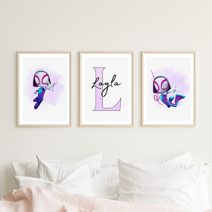 Set of 3 Gwen Ghost Spider Spidey Childrens Personalised Print / A5 A4 A3