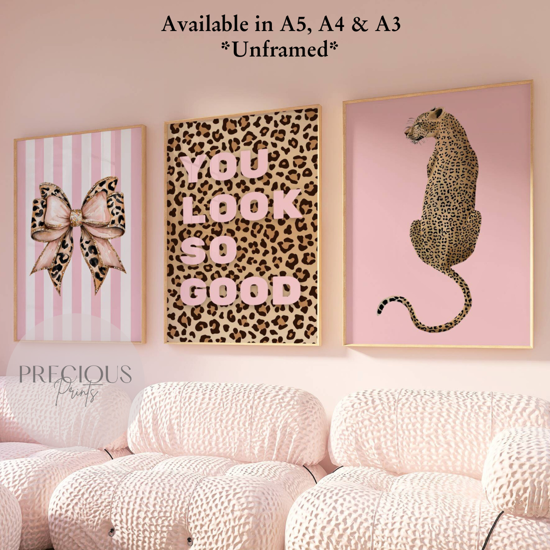 Set of 3 Pink Trendy Preppy Prints Bow Leopard Print Postive Wall Art A5 A4 A3