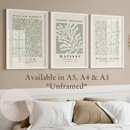 Set of 3 Matisse William Morris Prints A5 A4 A3 Art Exhibition Sage Green Poster