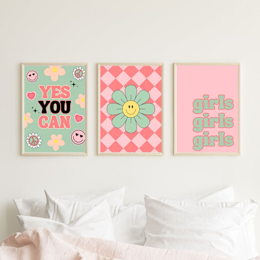 Girls Bedroom Wall Art Prints Set of 3 Positive Quotes A5 A4 A3 Preppy