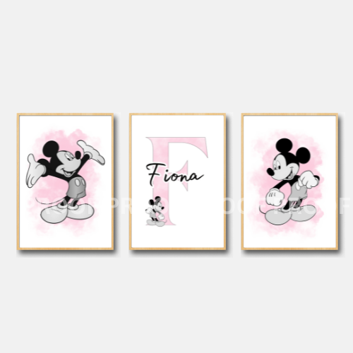 Set of 3 Personalised Girl/boy Nursery bedroom Print / Mickey Mouse A5 A4 A3