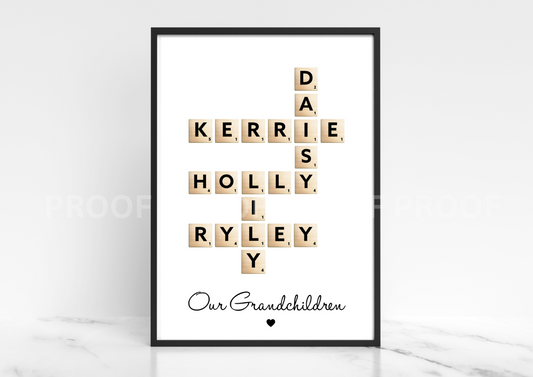 Personalised Scrabble Art Family Print Grandchildren Print Mothers Day A4 A3 A5