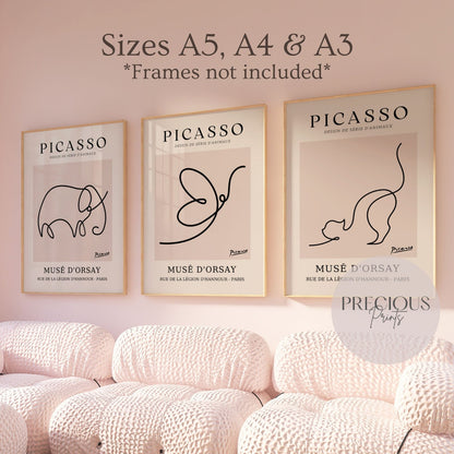 Set of 3 Pablo Picasso Wall Art Prints / Unframed / Cat Butterfly Elephant Art