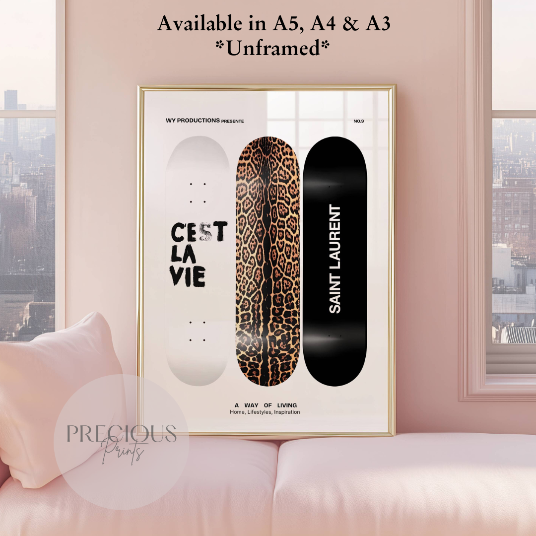 Leopard Cheetah Skateboard Print Luxury Poster Preppy A5 A4 A3 Designer Wall Art