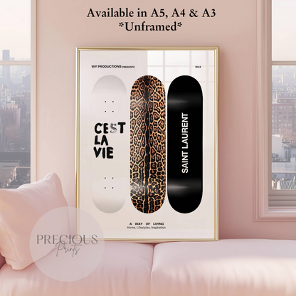 Leopard Cheetah Skateboard Print Luxury Poster Preppy A5 A4 A3 Designer Wall Art