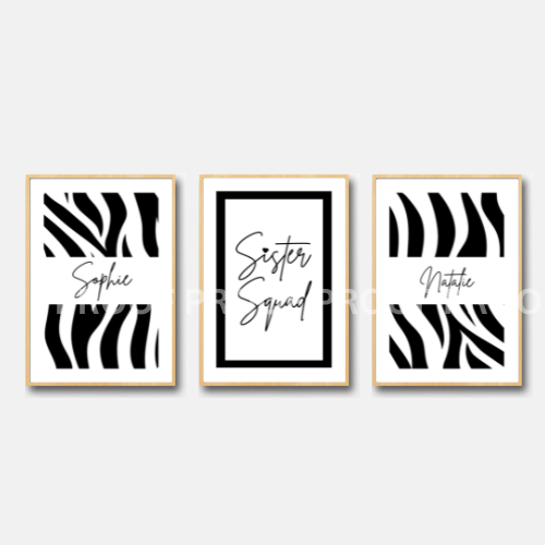 Set of 3 Sister Squad Zebra Pattern Print Personalised bedroom Print / Preppy