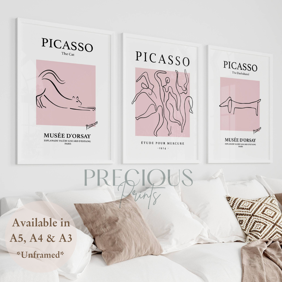 Set of 3 Pink Picasso Dancers Cat, Dachshund Morris Prints Art Gallery Decor