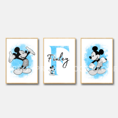 Set of 3 Personalised Girl/boy Nursery bedroom Print / Mickey Mouse A5 A4 A3