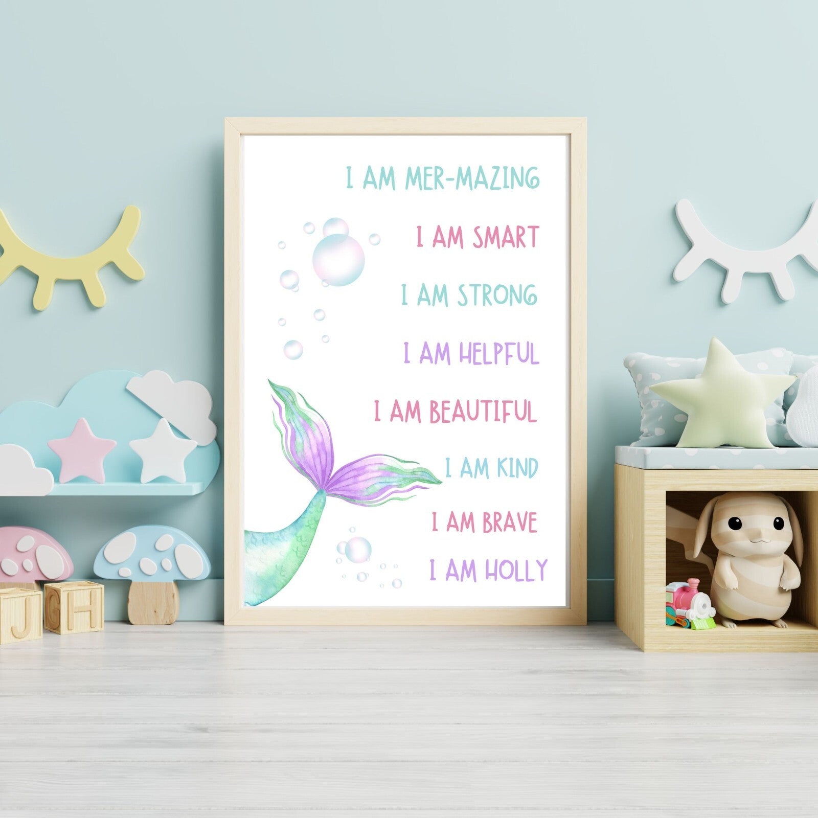 Girls Personalised Mermaid bedroom Nursery Print / A5 A4 A3 / Unframed