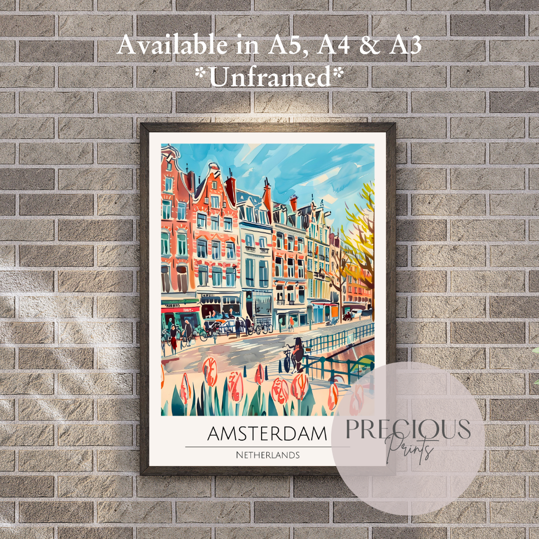 Amsterdam - Netherlands Print Poster- Travel Poster - Vintage Wall Art