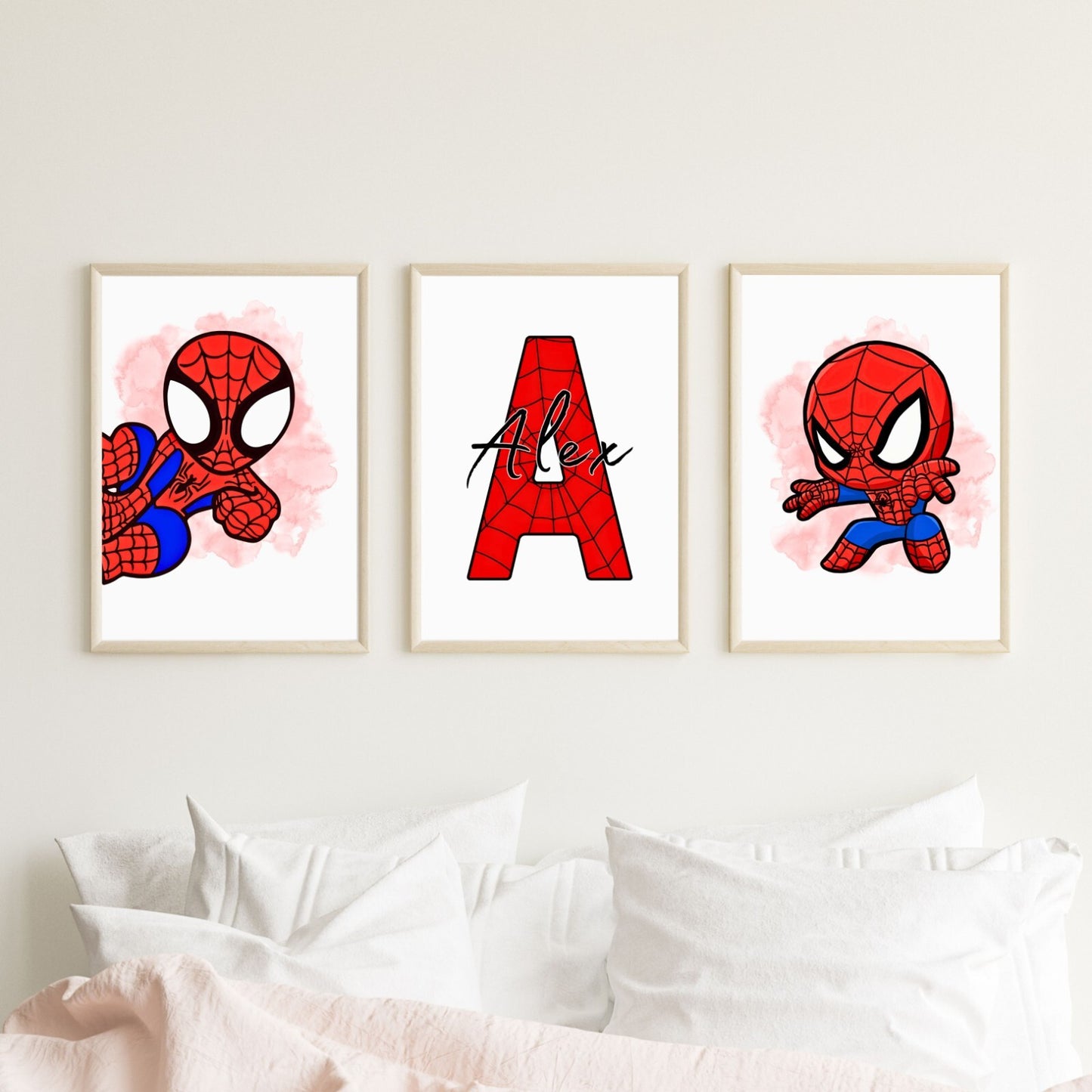Set of 3 Personalised Girl/boy Nursery bedroom Print / Baby Spiderman A5 A4 A3