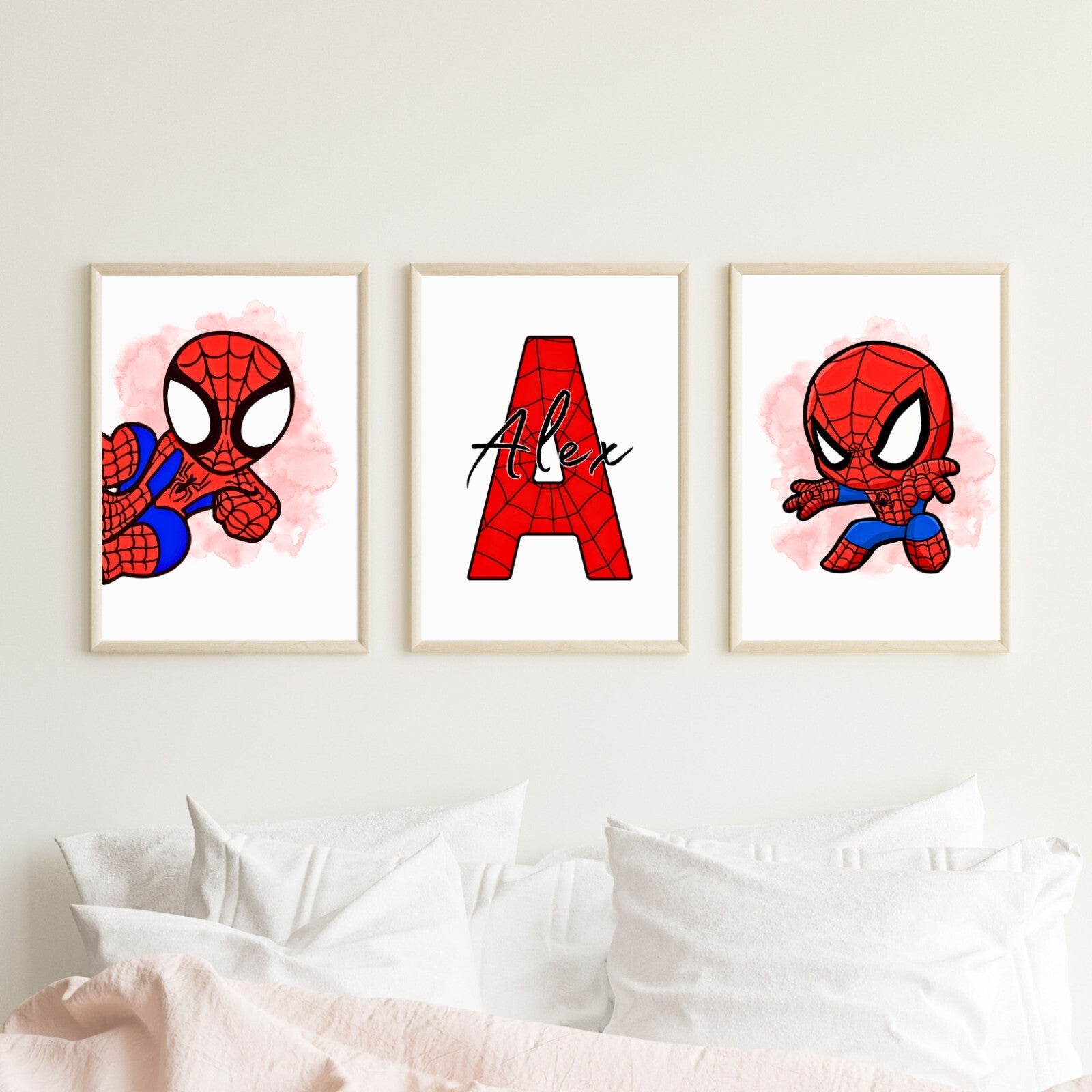 Set of 3 Personalised Girl/boy Nursery bedroom Print / Baby Spiderman A5 A4 A3