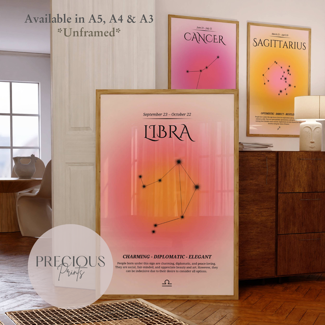 Libra Zodiac Print / Preppy Trendy Wall Art Poster / A5 A4 A3 Unframed Pink