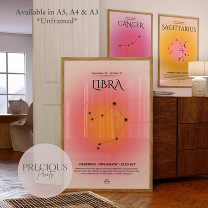 Libra Zodiac Print / Preppy Trendy Wall Art Poster / A5 A4 A3 Unframed Pink