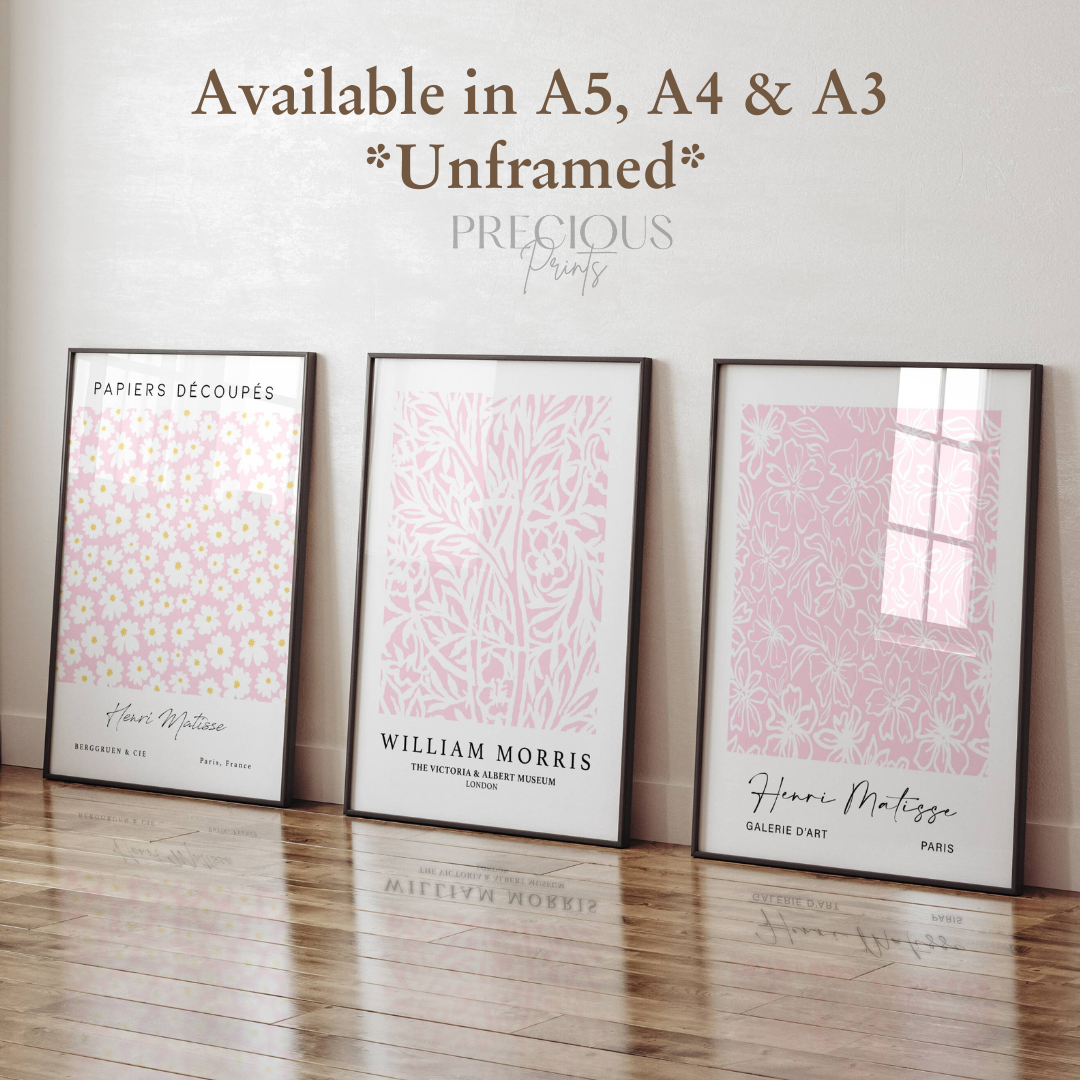 Set of 3 Pink Matisse / William Morris Prints A5 A4 A3 Wall Art Gallery Decor