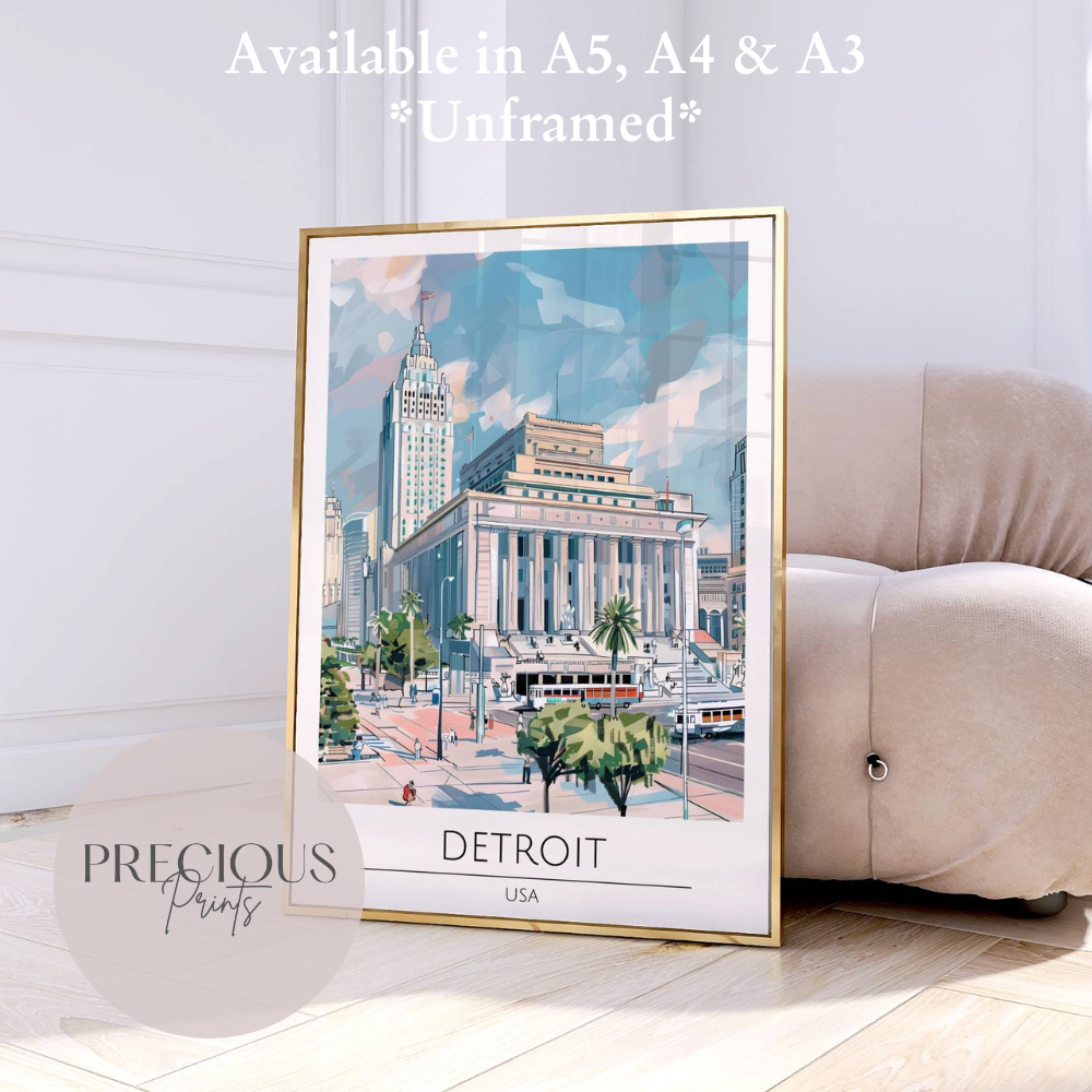 USA, Detroit Travel Print Poster / Vintage Wall Art / A5 A4 A3