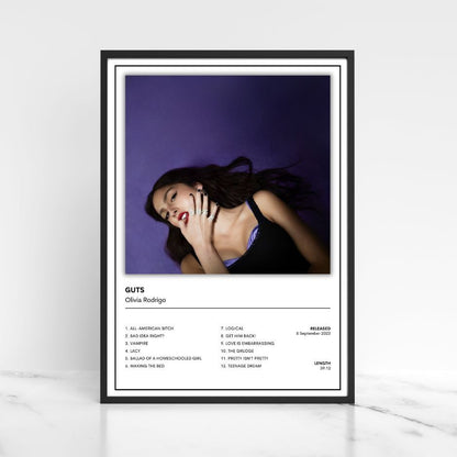 Minimalist Olivia Rodrigo music wall art featuring GUTS album prints in black frames.