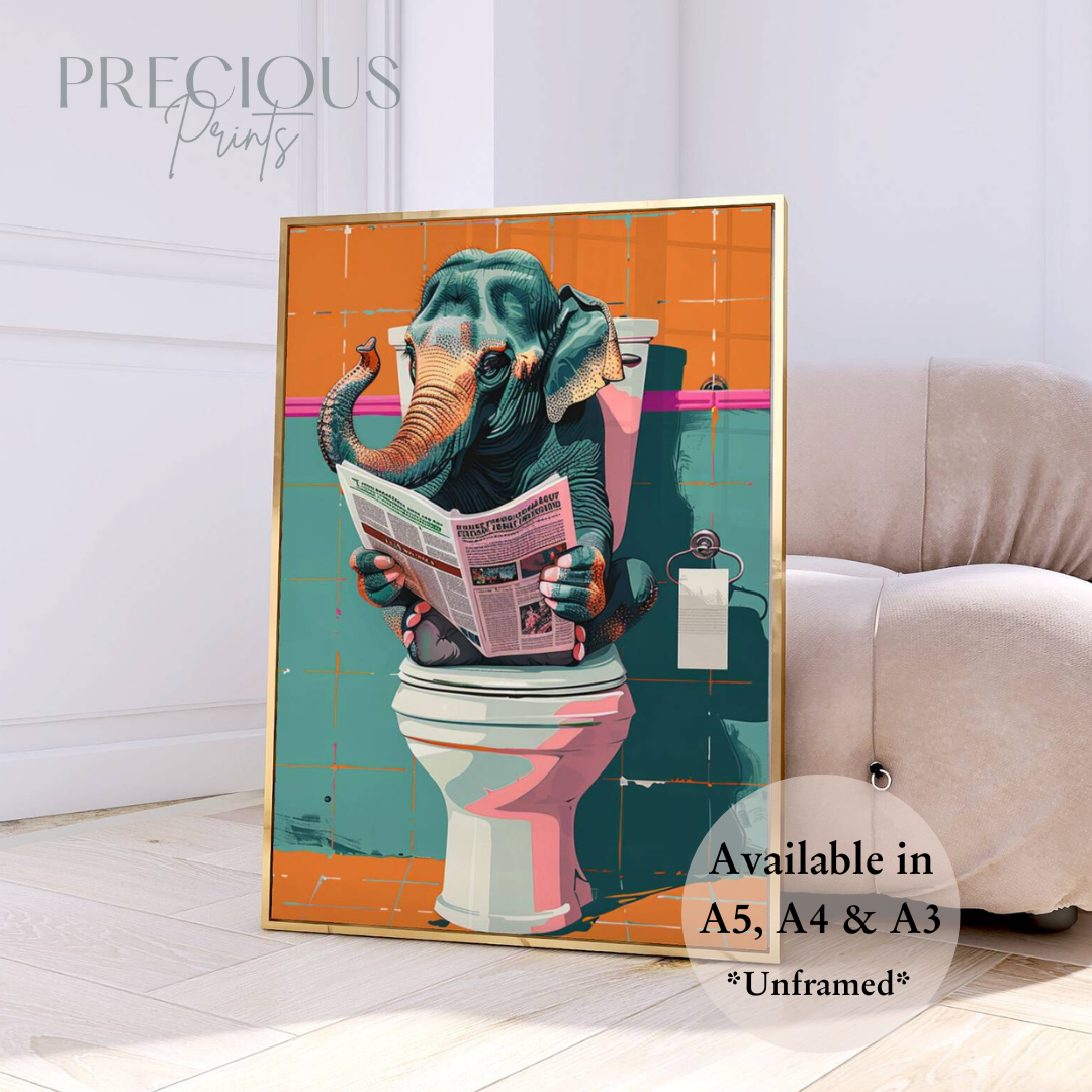Elephant on Toilet Print / Funny Art Poster / Humour / Pop Art / Trendy A5 A4 A3