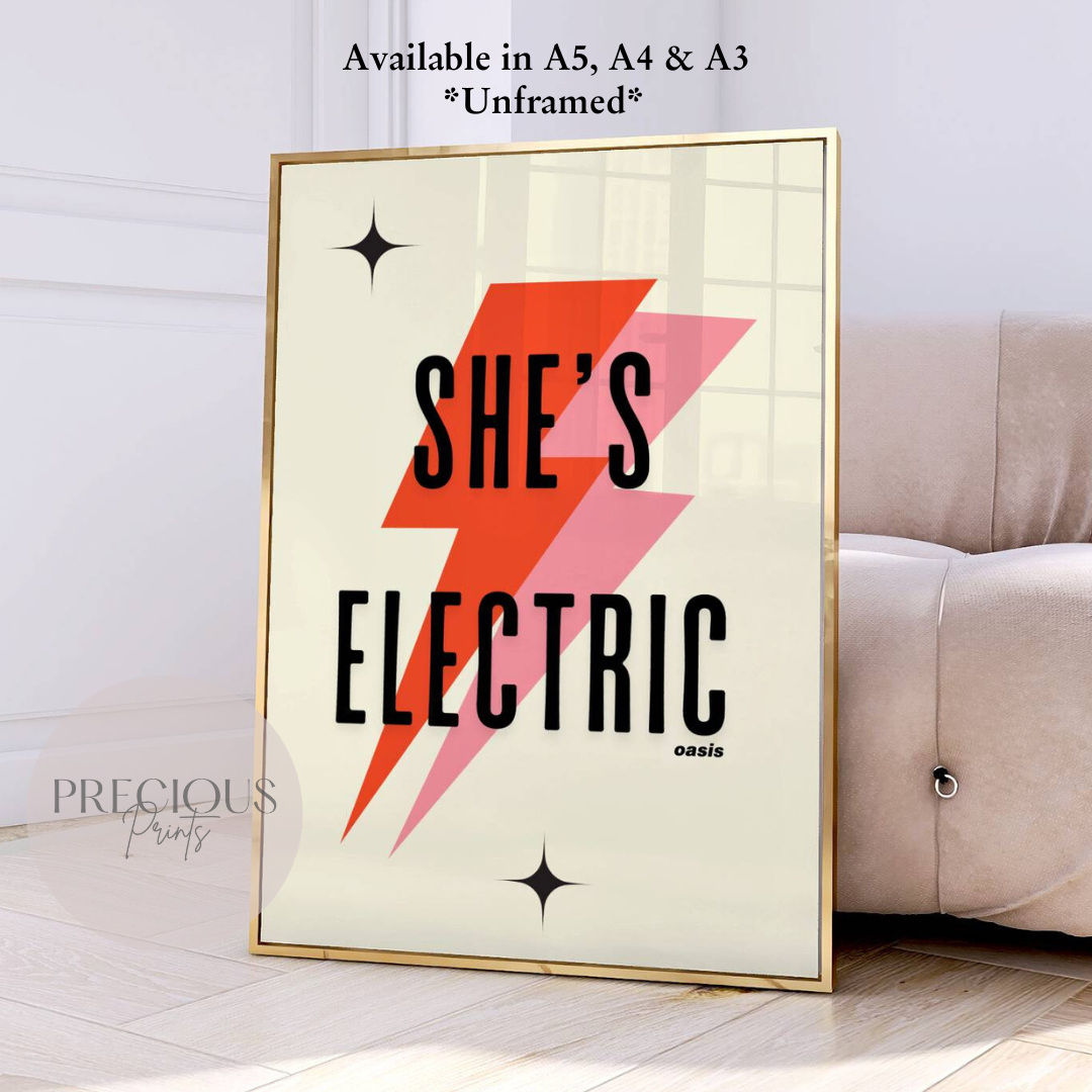 Oasis Lyric Print Music Poster / She's Electric / Wall Art A5 A4 A3 Unframed