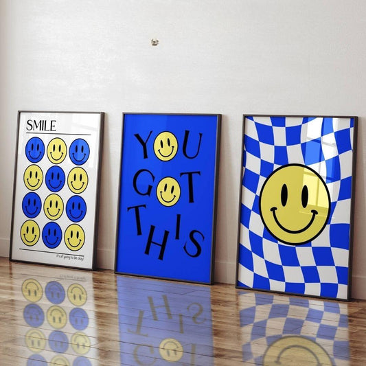 Set of 3 Blue Smiley Prints