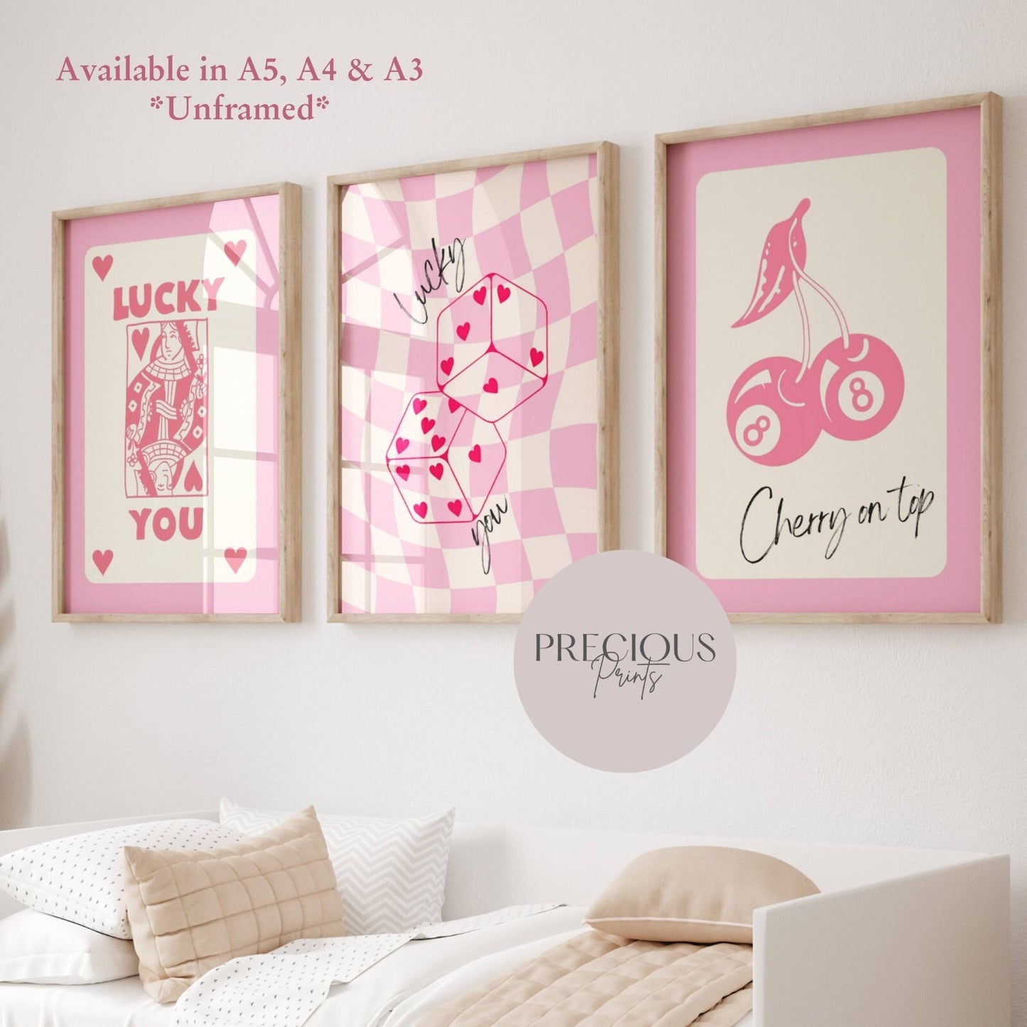 Set of 3 Lucky sevens / Dice / Queen of Hearts Print Preppy Trendy Wall Art